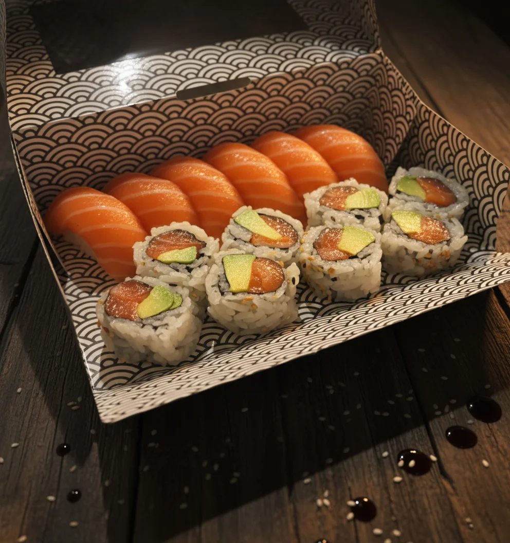 Japanese sushi platter with salmon nigiri and rolls