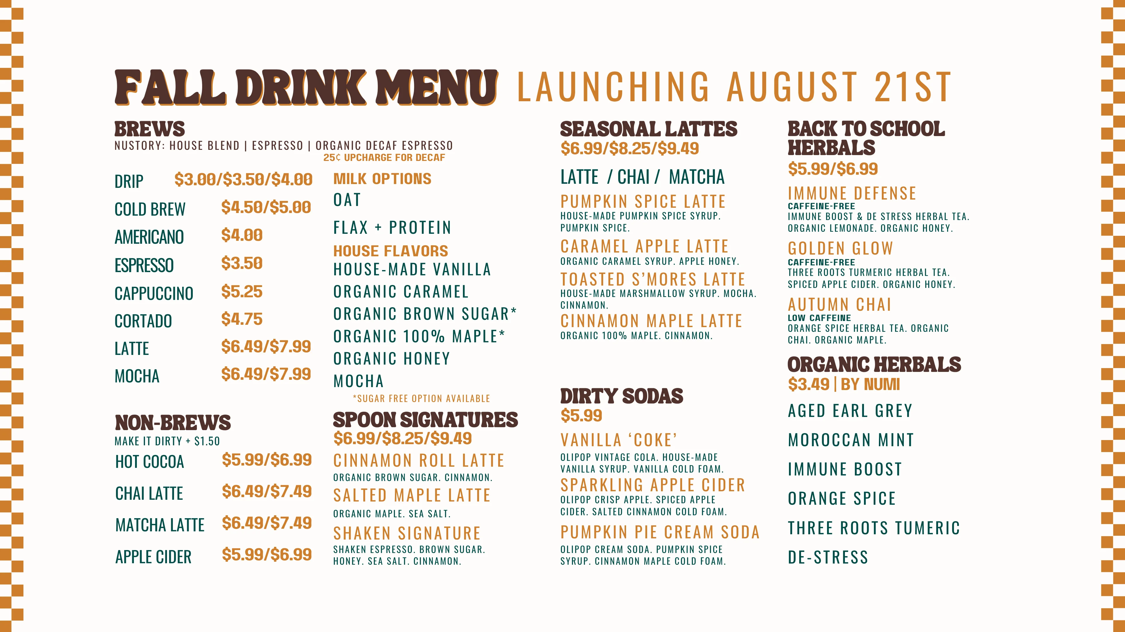 Coffee menu featuring seasonal lattes and herbal teas