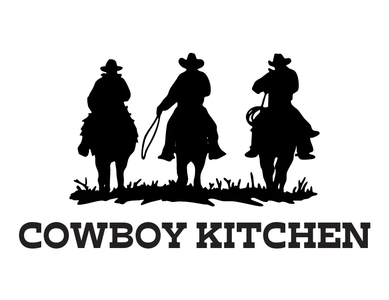 Silhouette of cowboys on horseback for Cowboy Kitchen logo
