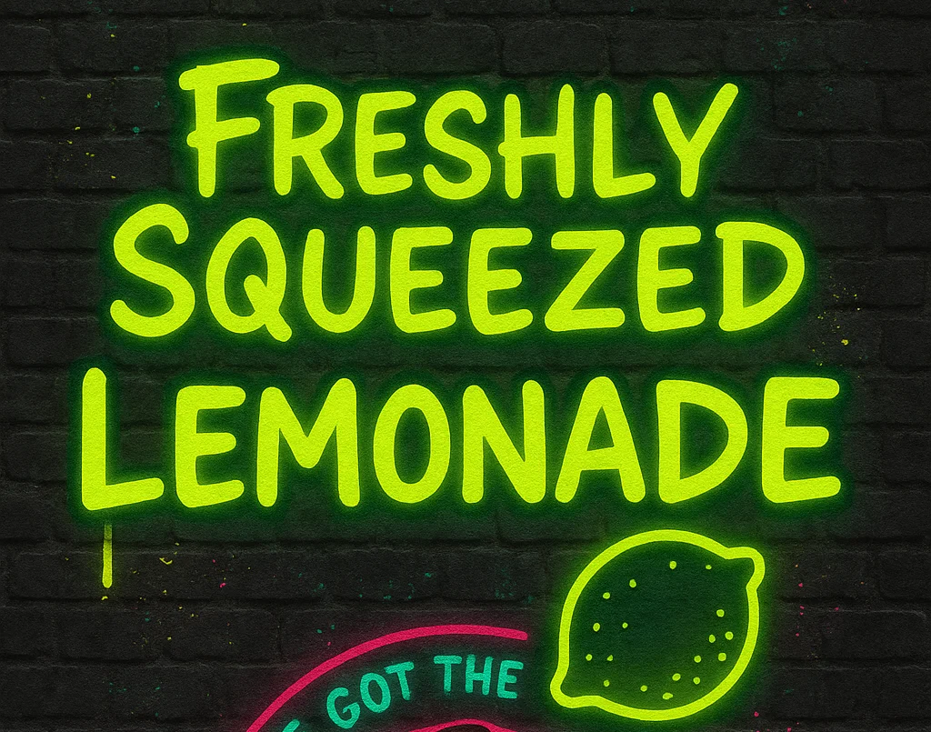 Freshly squeezed lemonade sign with a cartoon chicken mascot