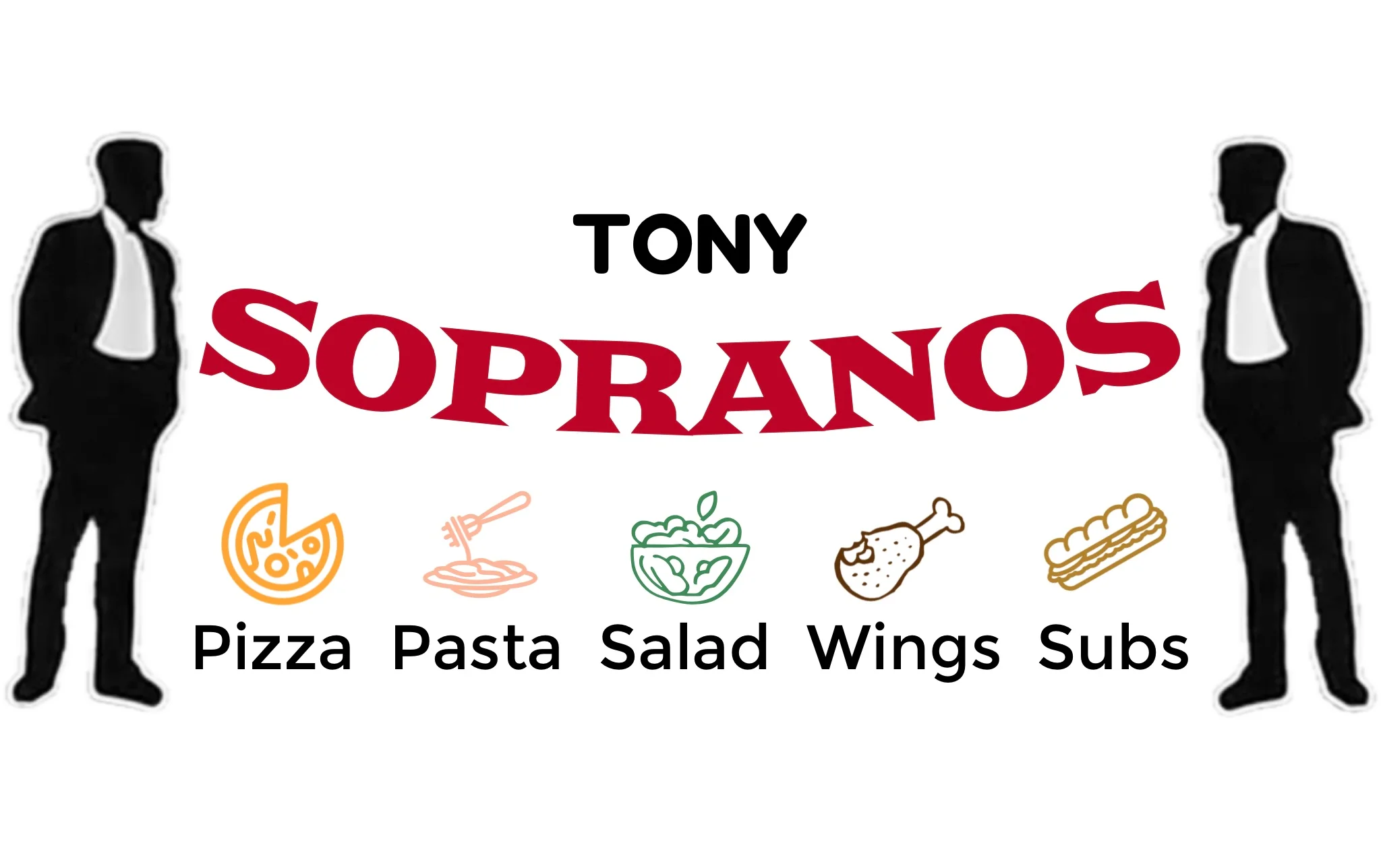 A graphic logo featuring stylized figures and illustrations of food items, promoting a menu of pizza, pasta, salad, wings, and subs.