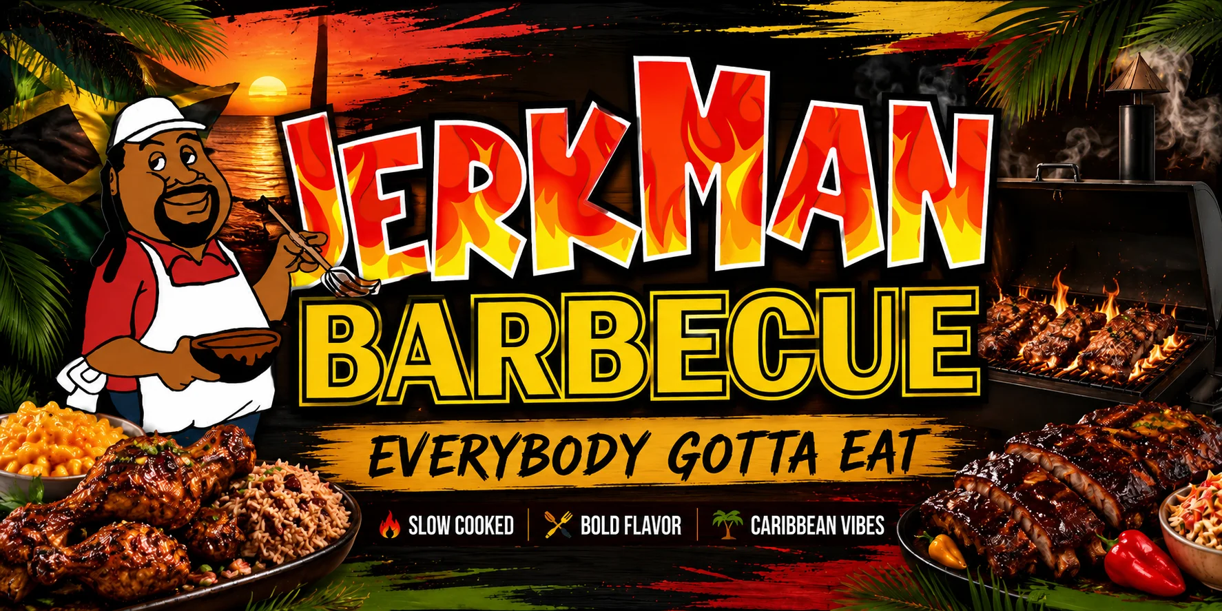 Interior of Jerkman BBQ restaurant with menu and colorful decor.