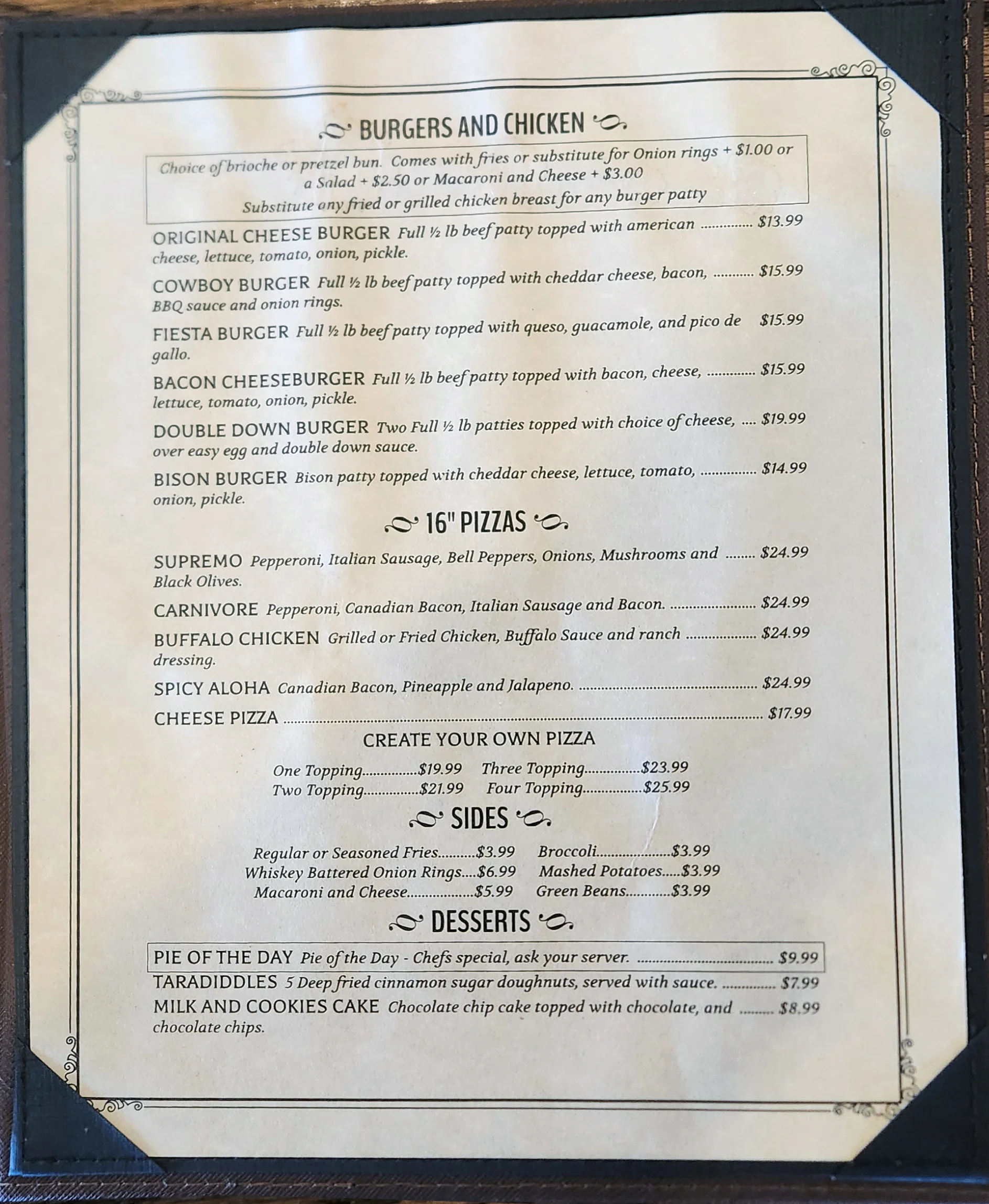 Menu featuring burgers and pizzas in a casual dining setting