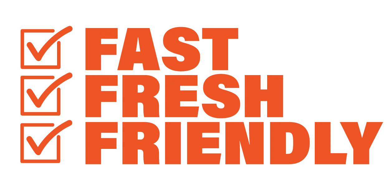 Fast, fresh, and friendly service message for a restaurant