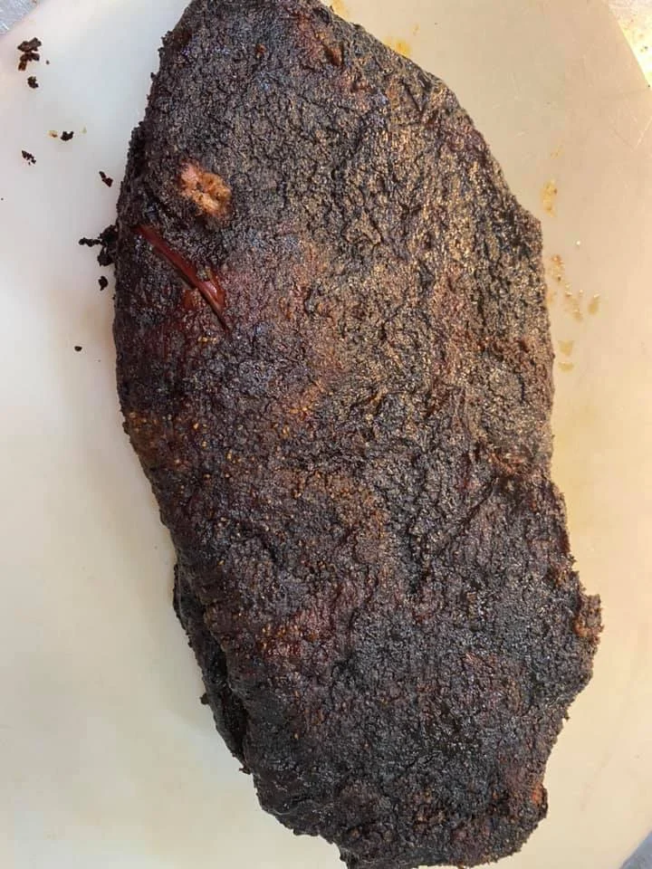 Smoked Brisket, smoked baked beans, Handmade onion rings, hush puppies, BBQ, Pop's Smoke House
