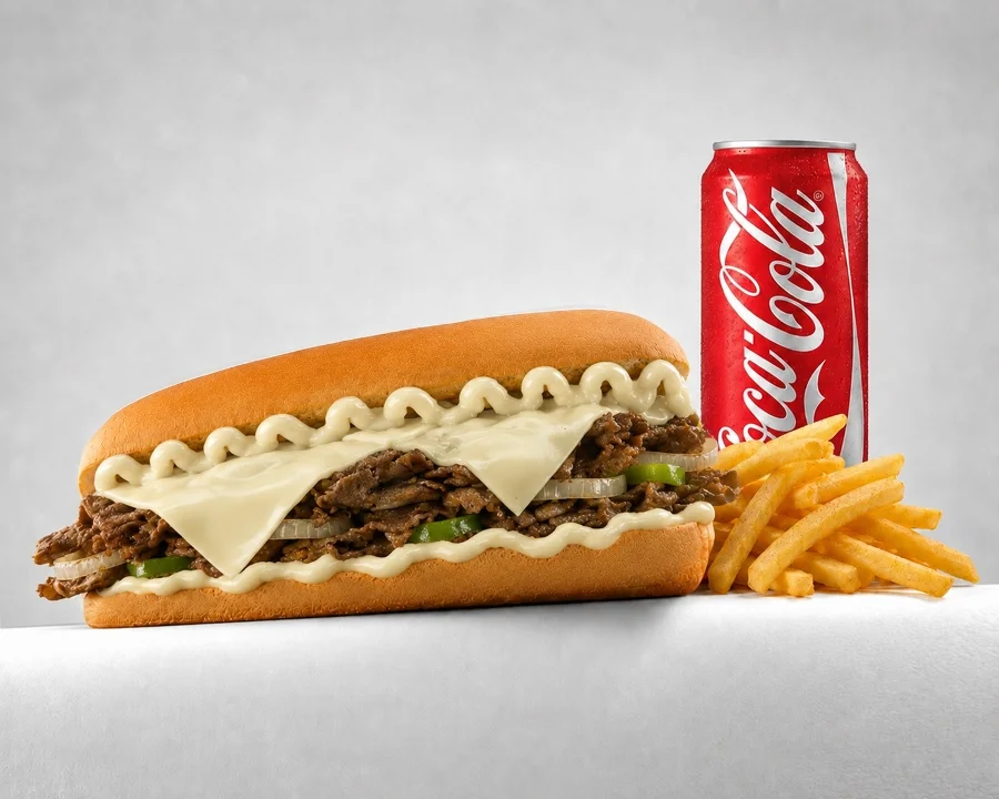 A sandwich featuring sliced beef and cheese, served with a can of cola and fries.