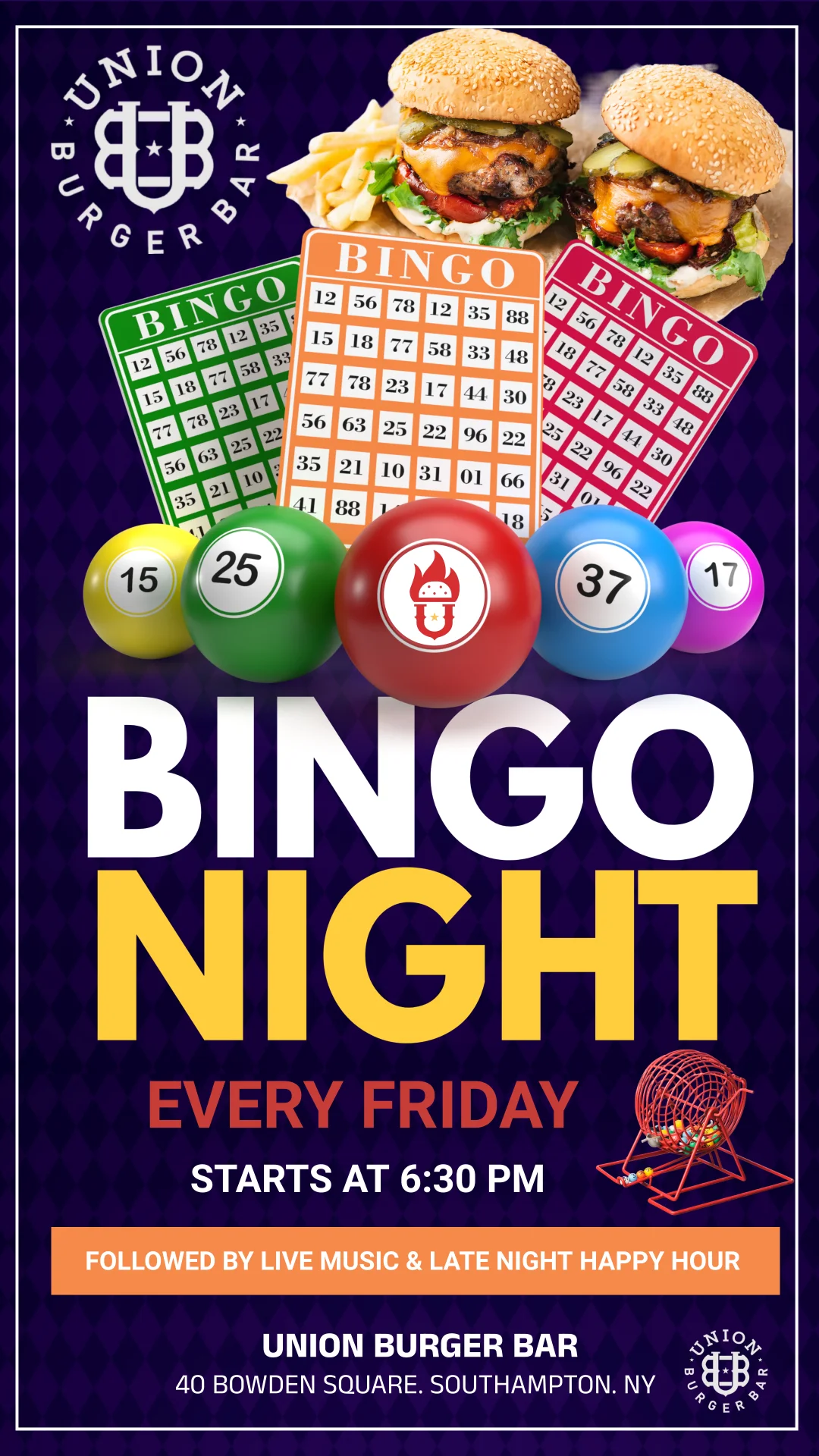 Bingo night event at Union Burger Bar with burgers and bingo cards