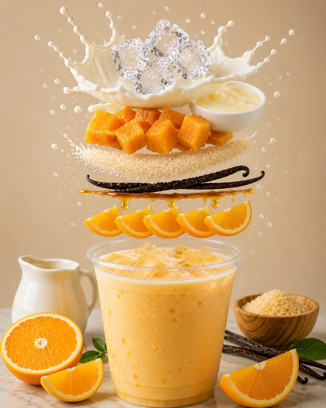 A creamy orange drink surrounded by fresh ingredients like orange slices, ice cubes, and vanilla beans, all captured in a dynamic splash.