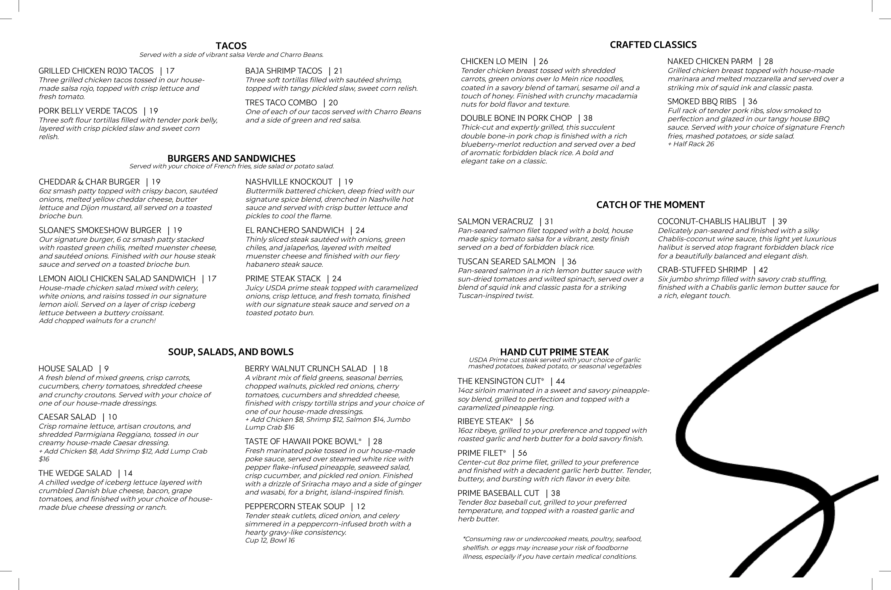 Diverse menu of American and international dishes in a restaurant setting