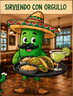 Colorful cartoon cactus serving tacos and margarita in a festive setting