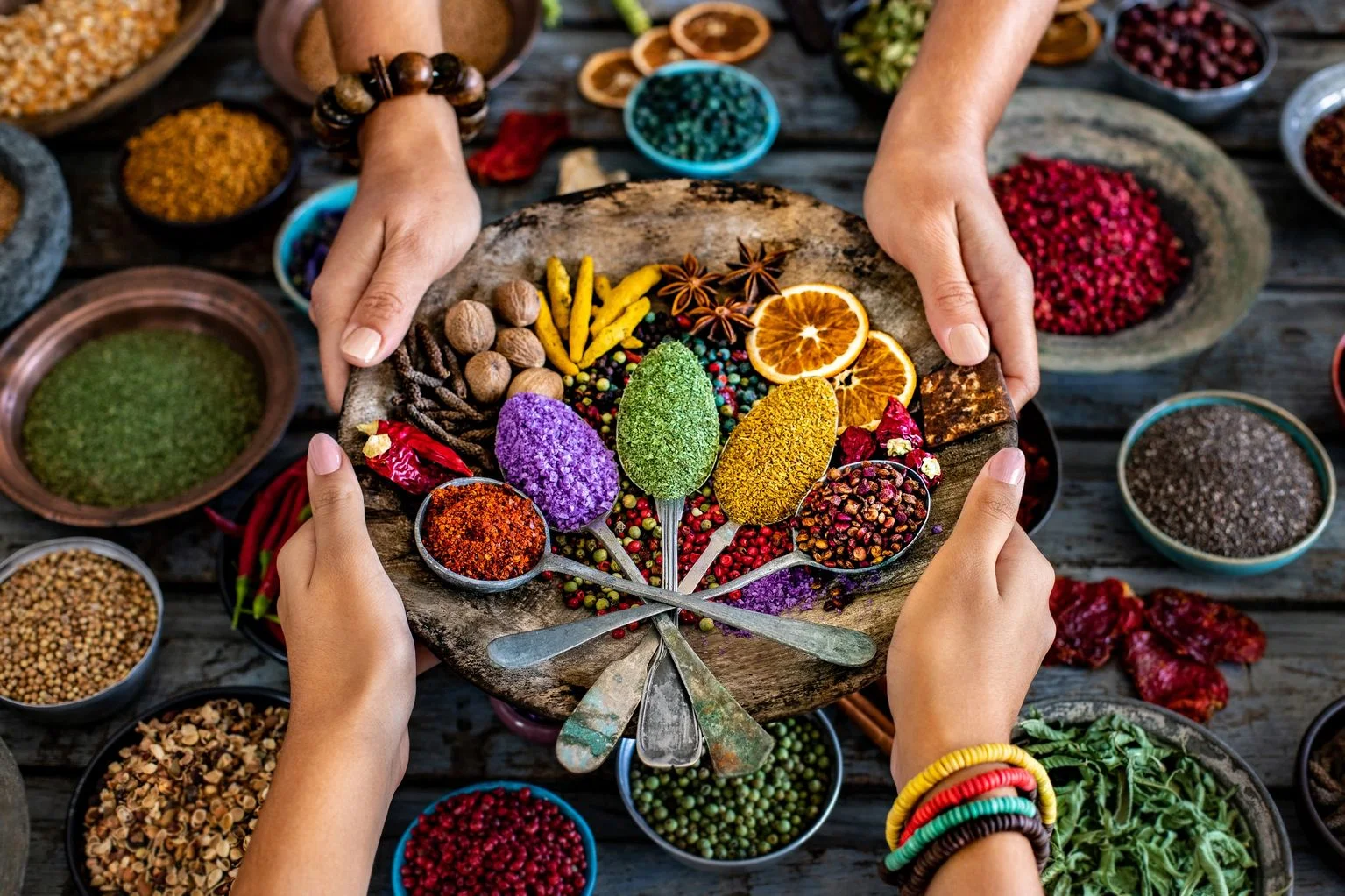 Colorful array of spices in traditional Indian cuisine