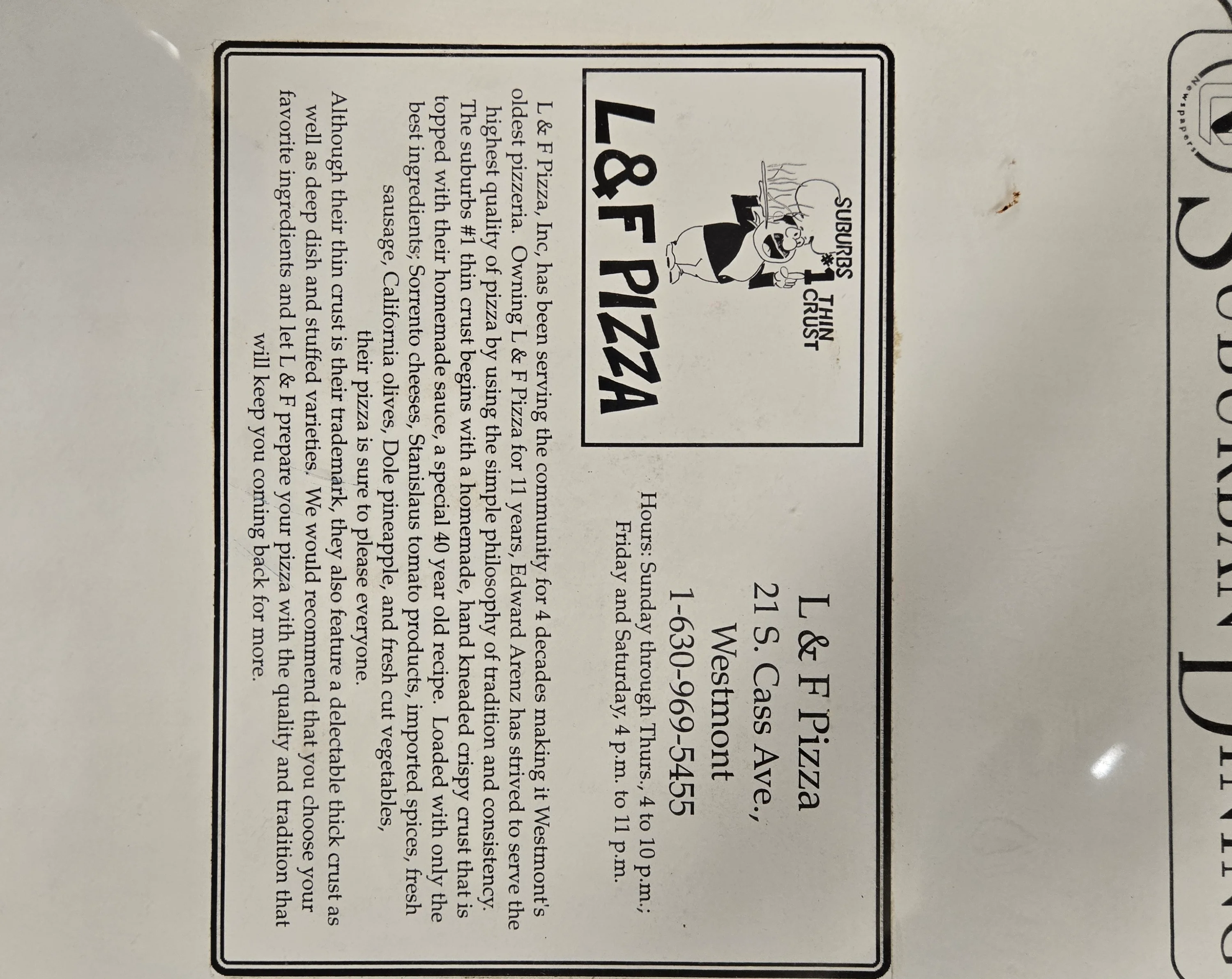 L & F Pizza restaurant sign showcasing thin crust pizza