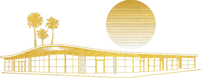Stylized illustration of a modern restaurant with palm trees and sunset