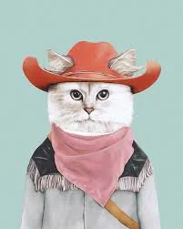 A cat dressed as a cowboy with a hat and bandana.