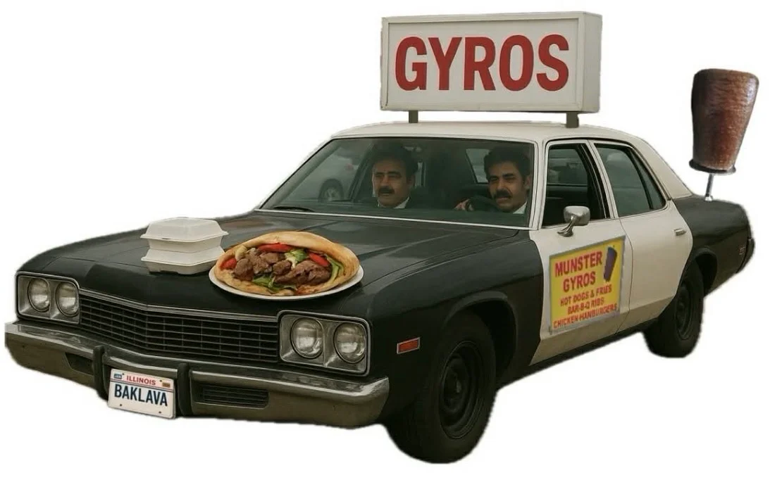 Gyros food truck with a large gyro platter on the hood