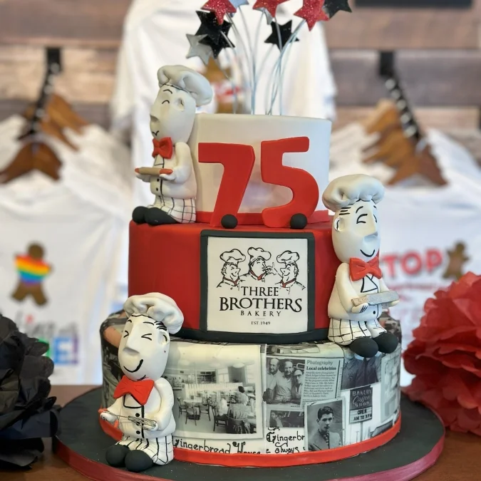 Celebratory cake for 75th anniversary of Three Brothers Bakery
