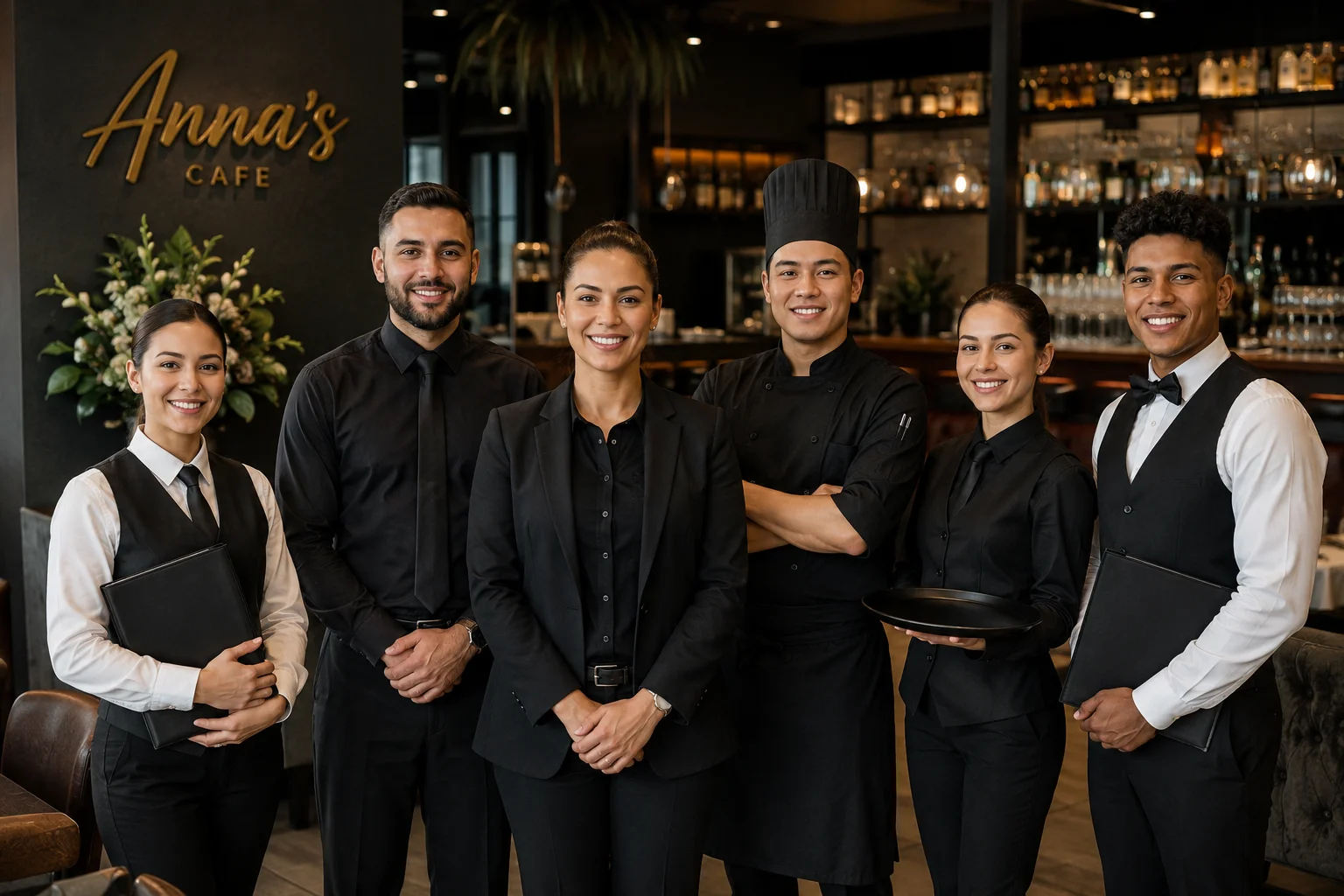 Staff members posing together at Anna's Cafe, showcasing teamwork and professionalism.