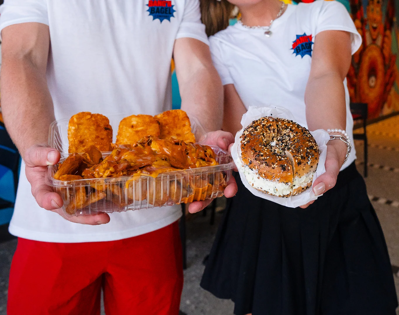 Bagels and hash browns at a vibrant bagel shop