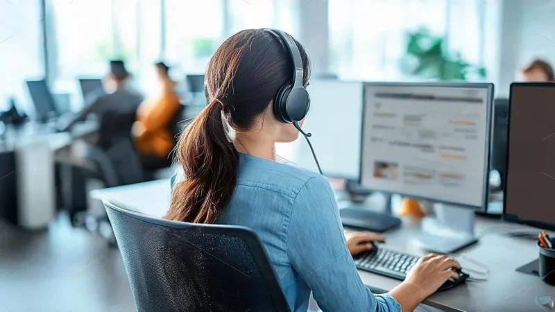 Woman in headset working at a computer in a modern office