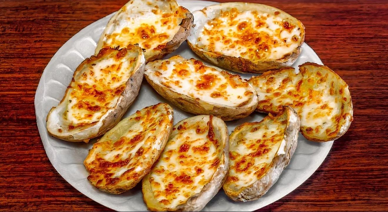 Cheesy twice-baked potatoes on a serving plate