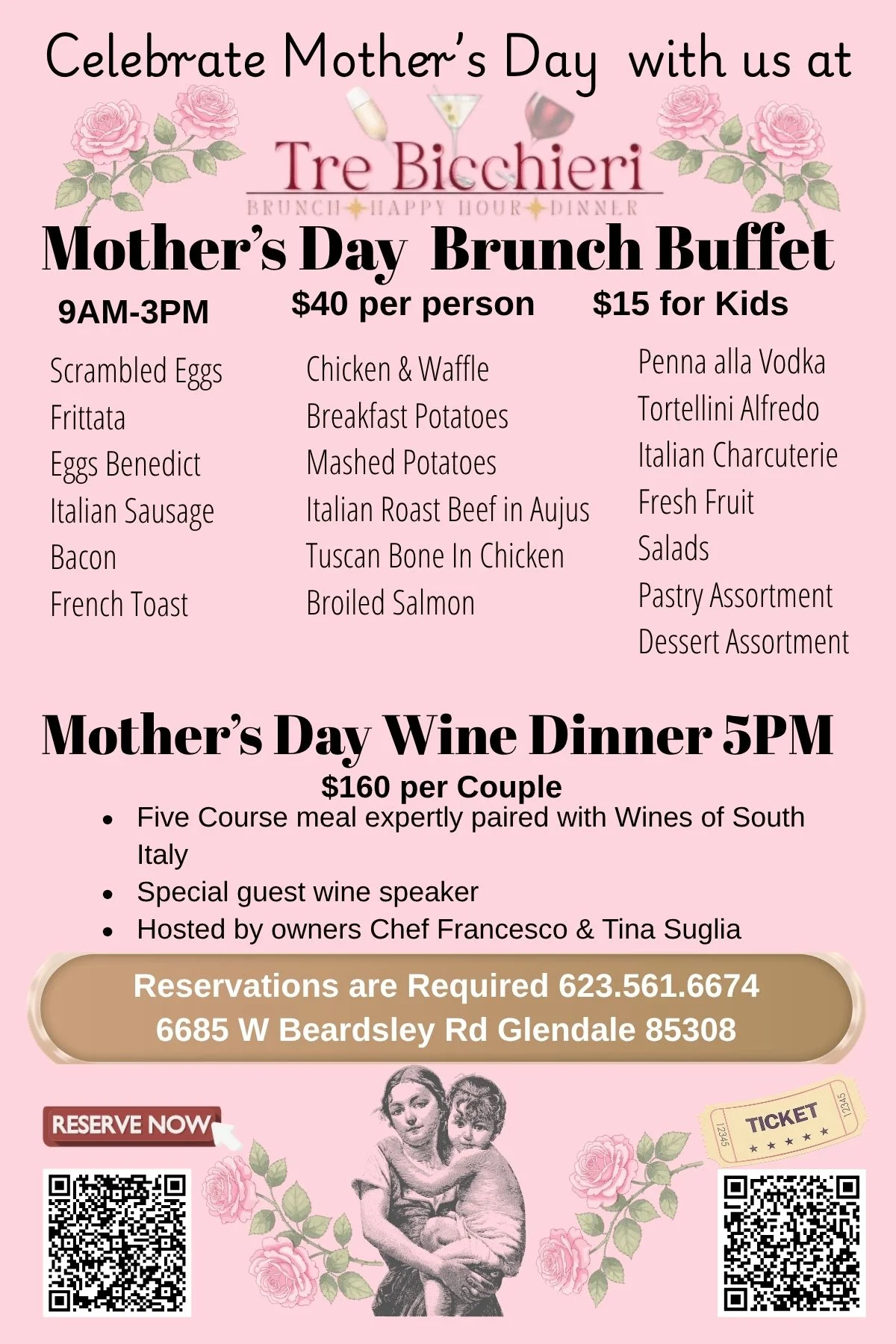 Brunch flyer for Mother's Day featuring food and event details.