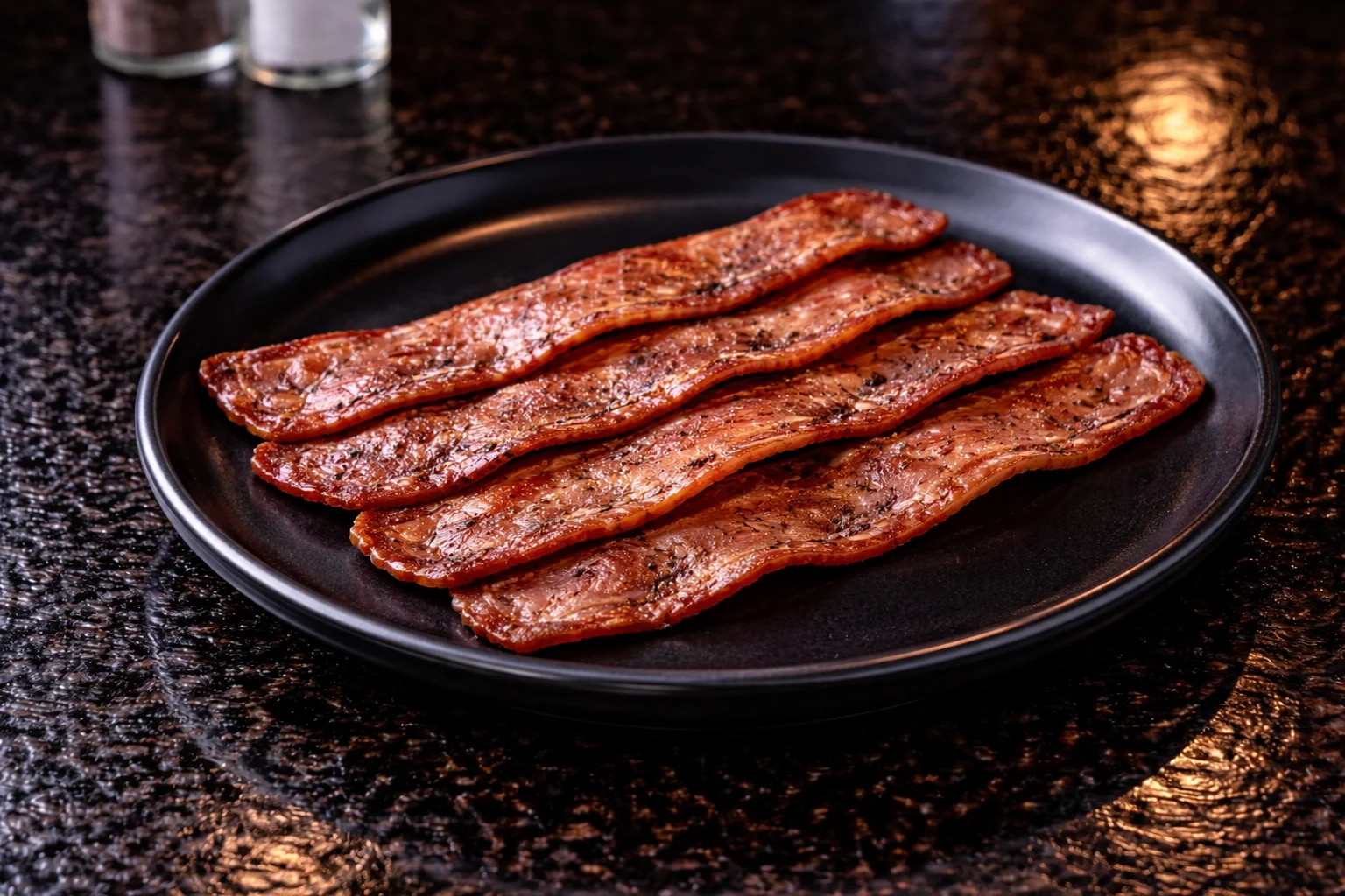 A plate with several strips of crispy, cooked meat arranged neatly.