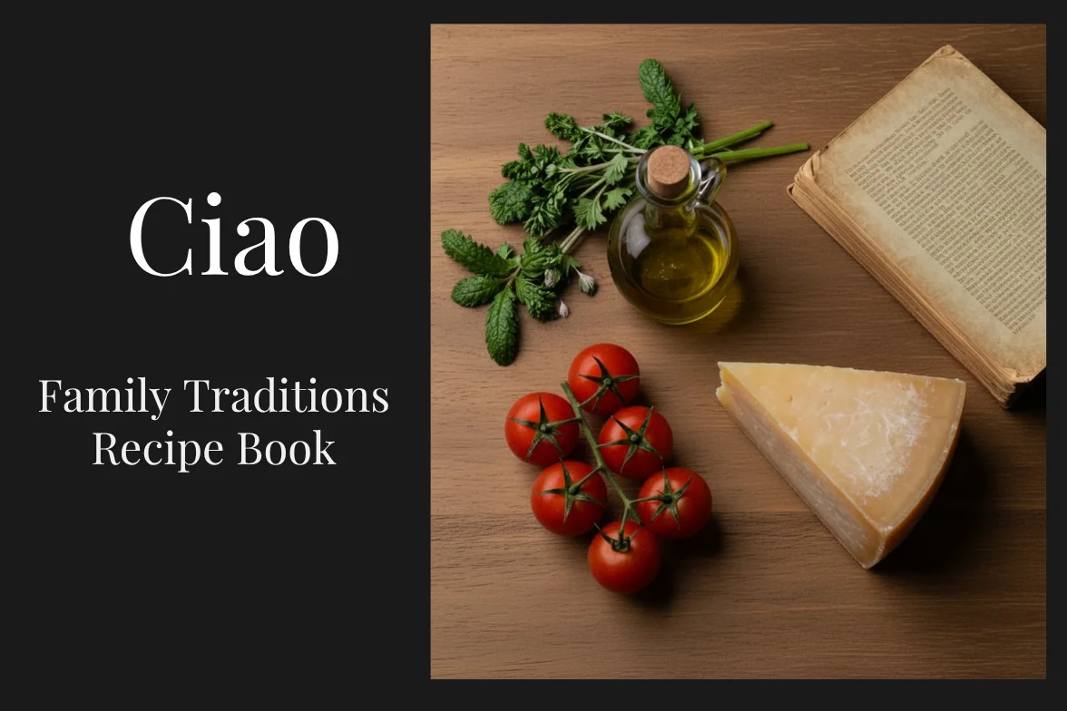 Italian recipe book with fresh tomatoes and herbs