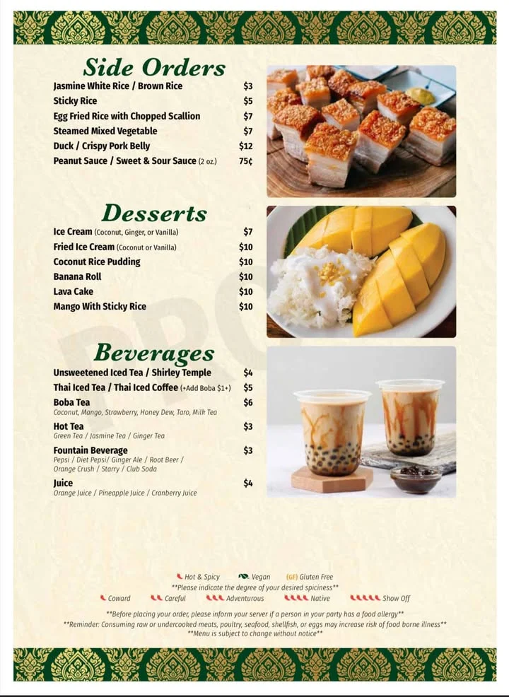 Menu featuring Thai side orders, desserts, and beverages