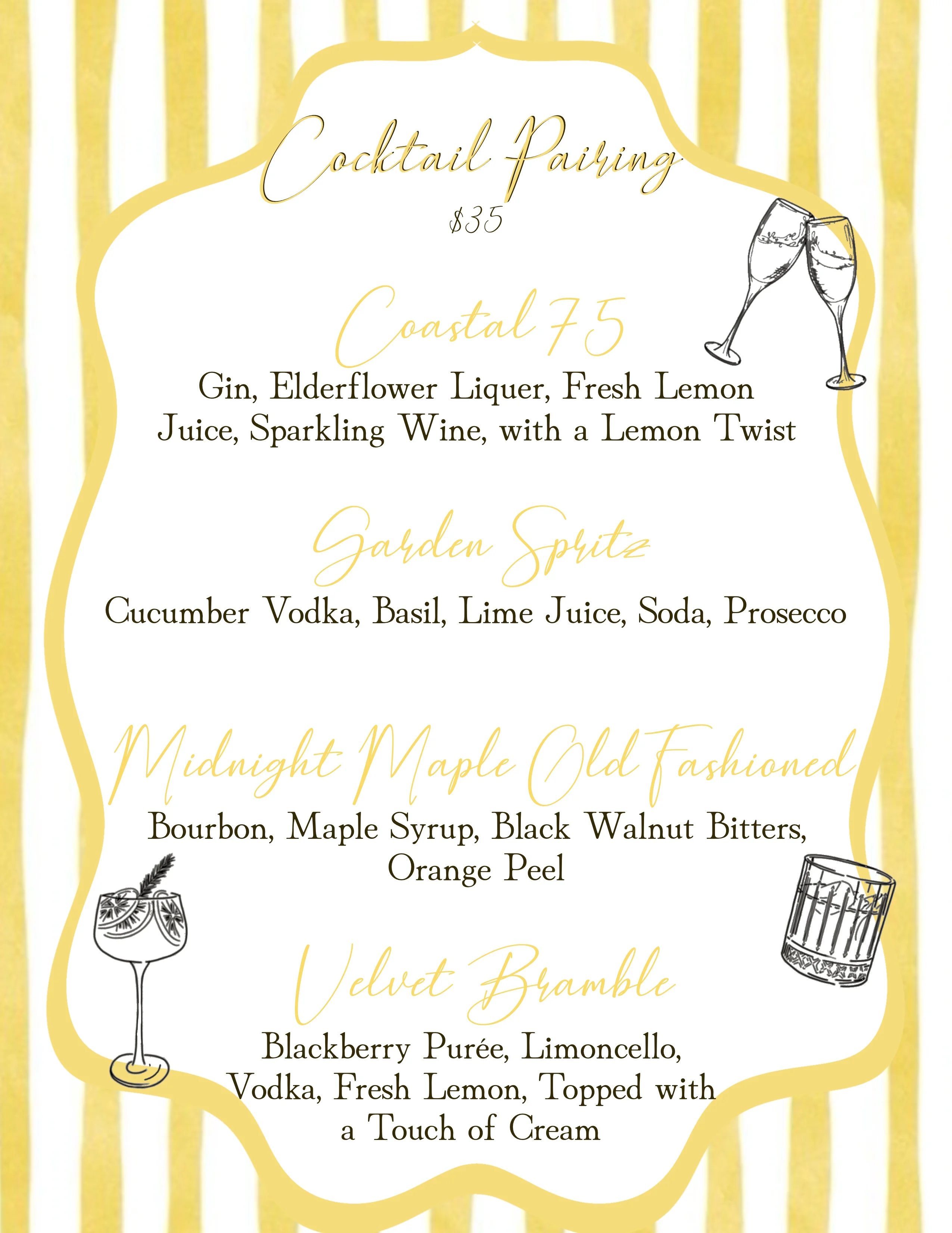 Cocktail pairing menu with four drink options and prices.