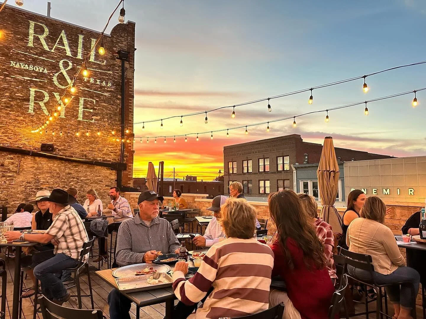 Rooftop dining at sunset in Navasota, Texas