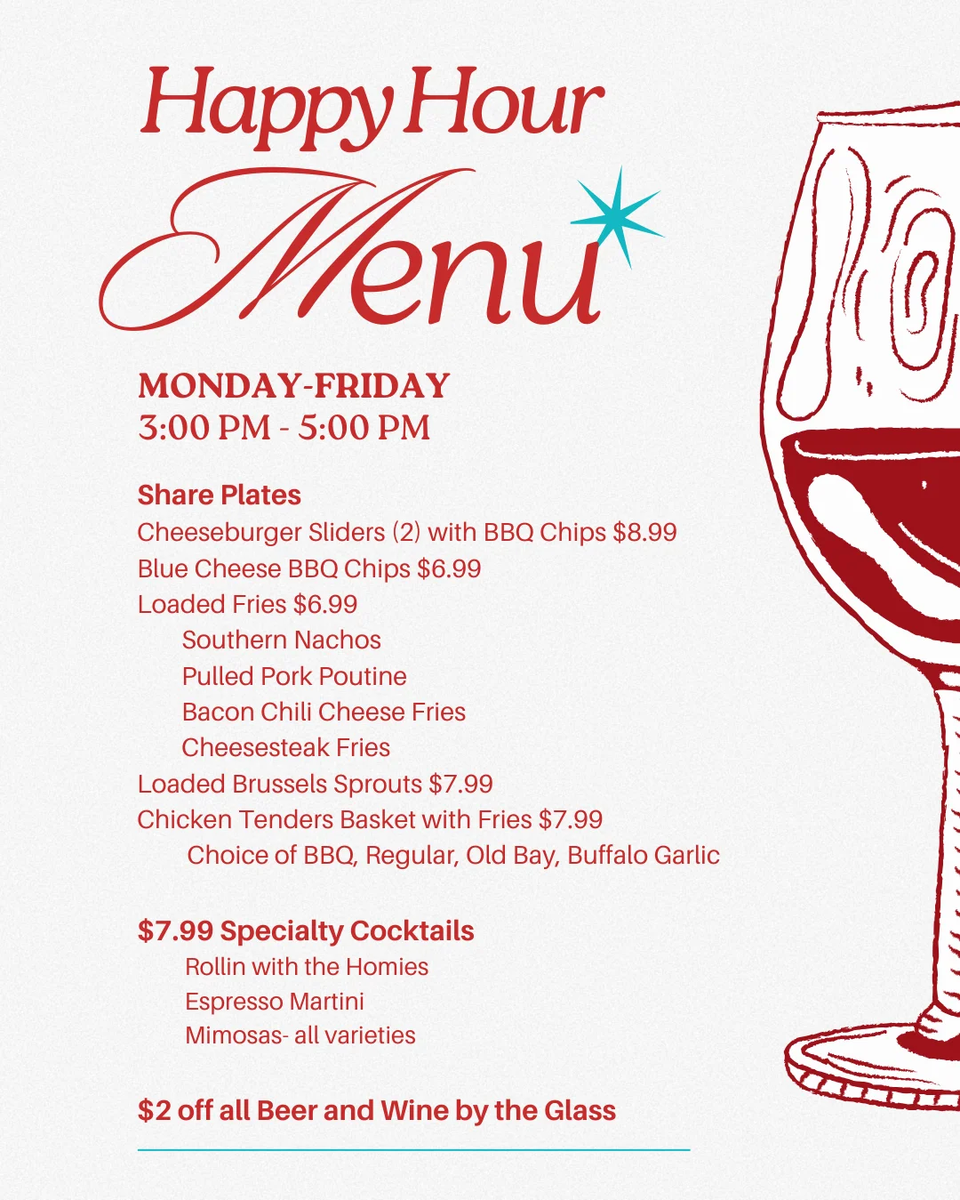 Happy Hour menu featuring share plates and cocktails