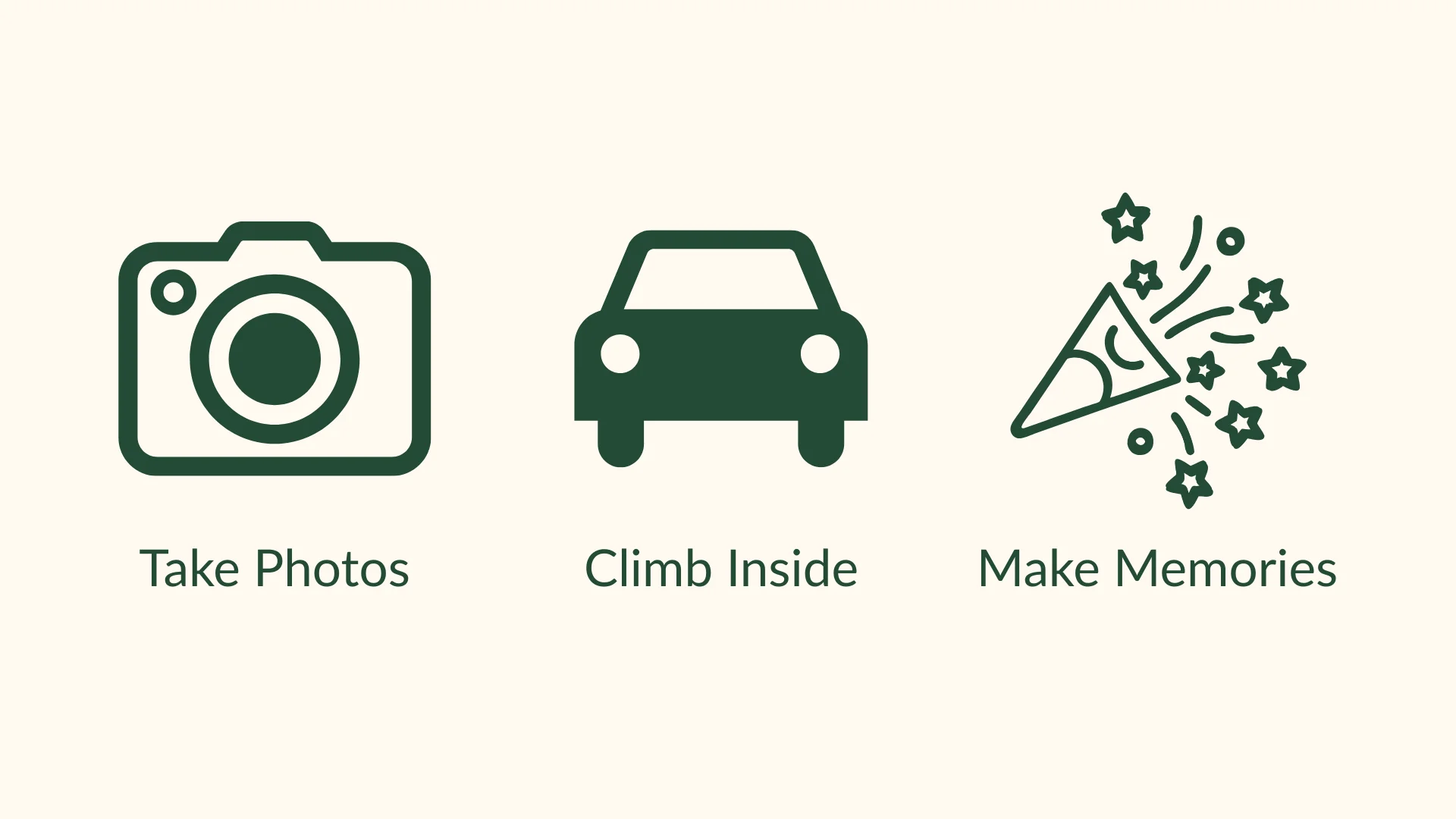 Illustrated instructions with camera, car, and party hat icons