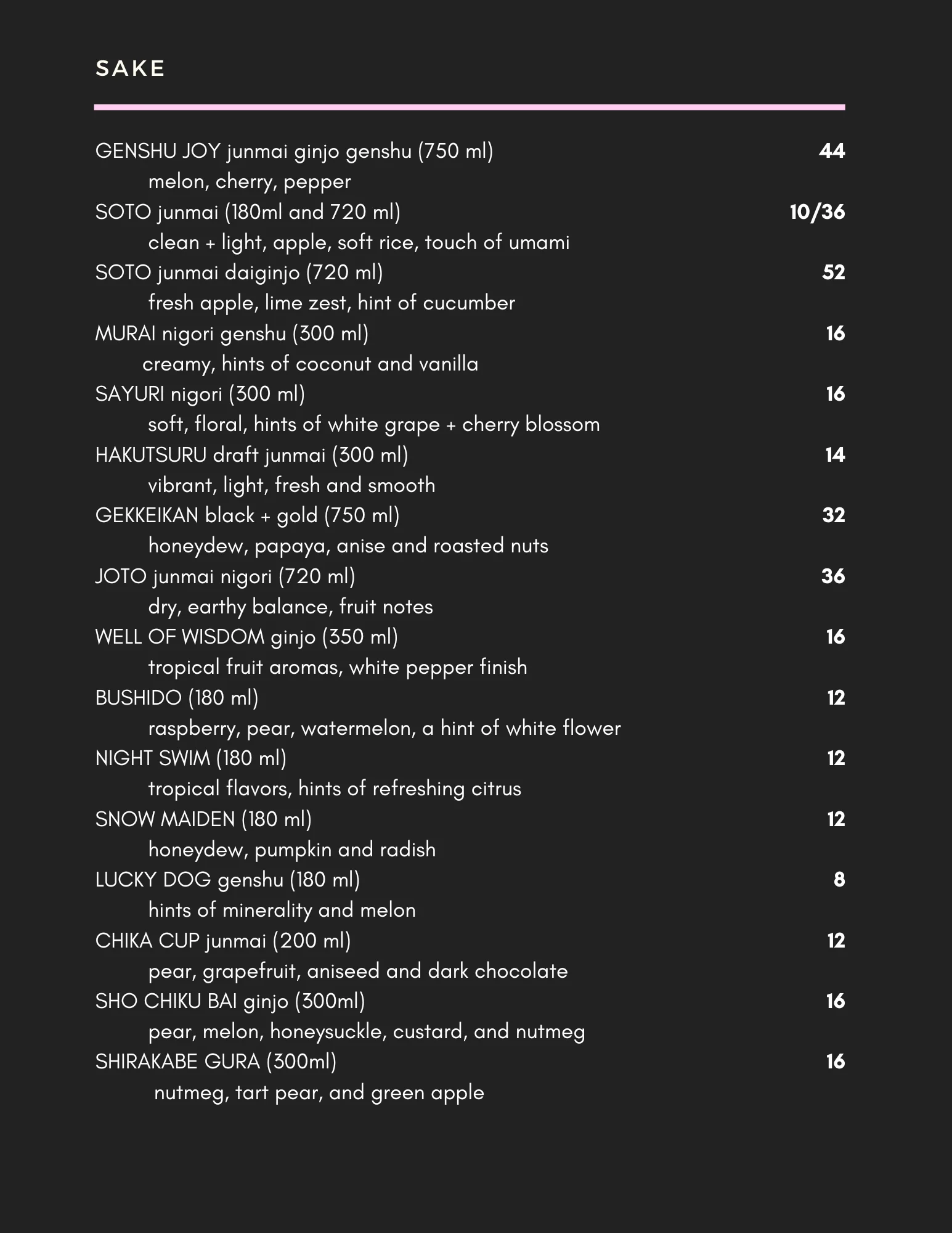 Japanese sake menu featuring various types and flavors
