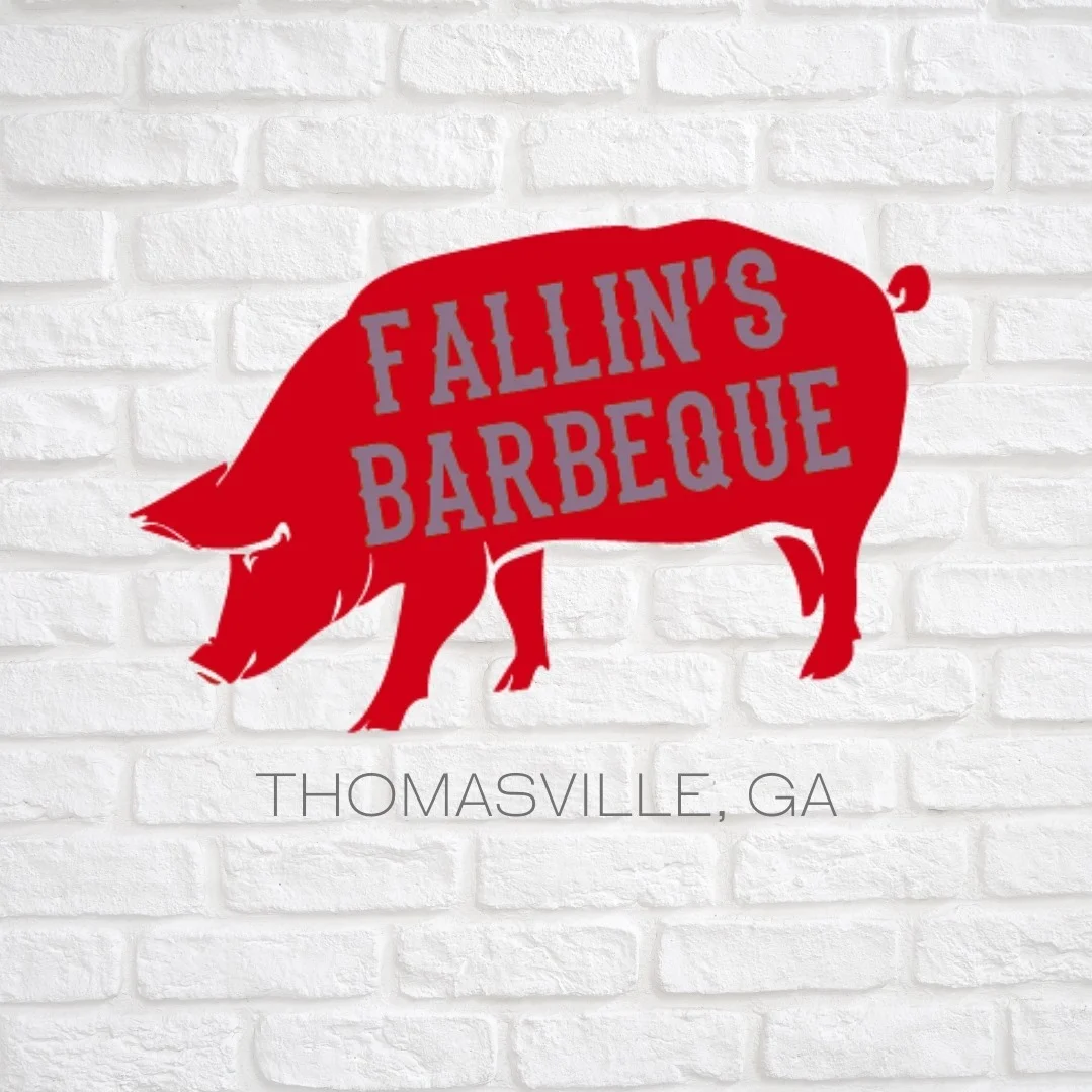 A red logo featuring a pig silhouette and text displaying the name of a barbecue establishment, set against a white brick background.