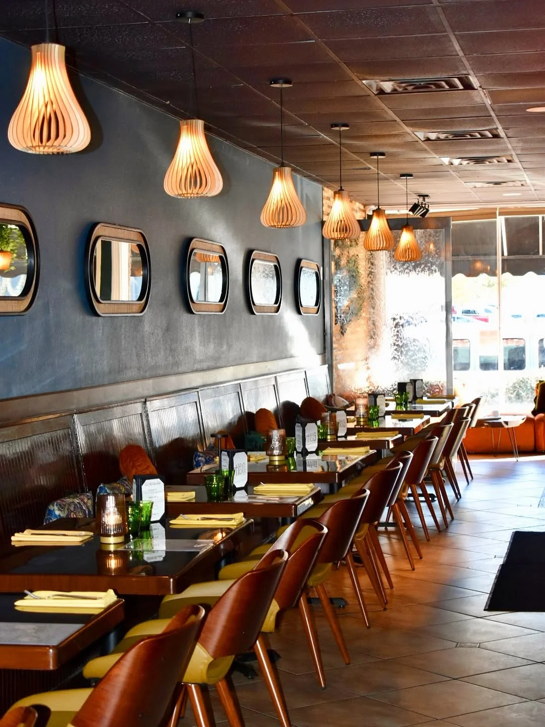 Stylish restaurant interior with modern lighting and seating