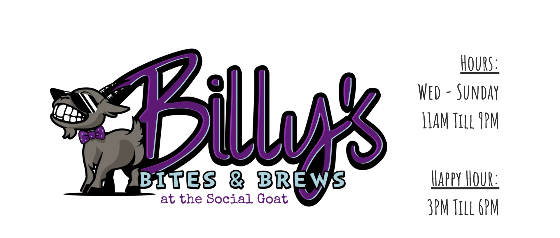 Logo of Billy's Bites & Brews featuring a playful goat character