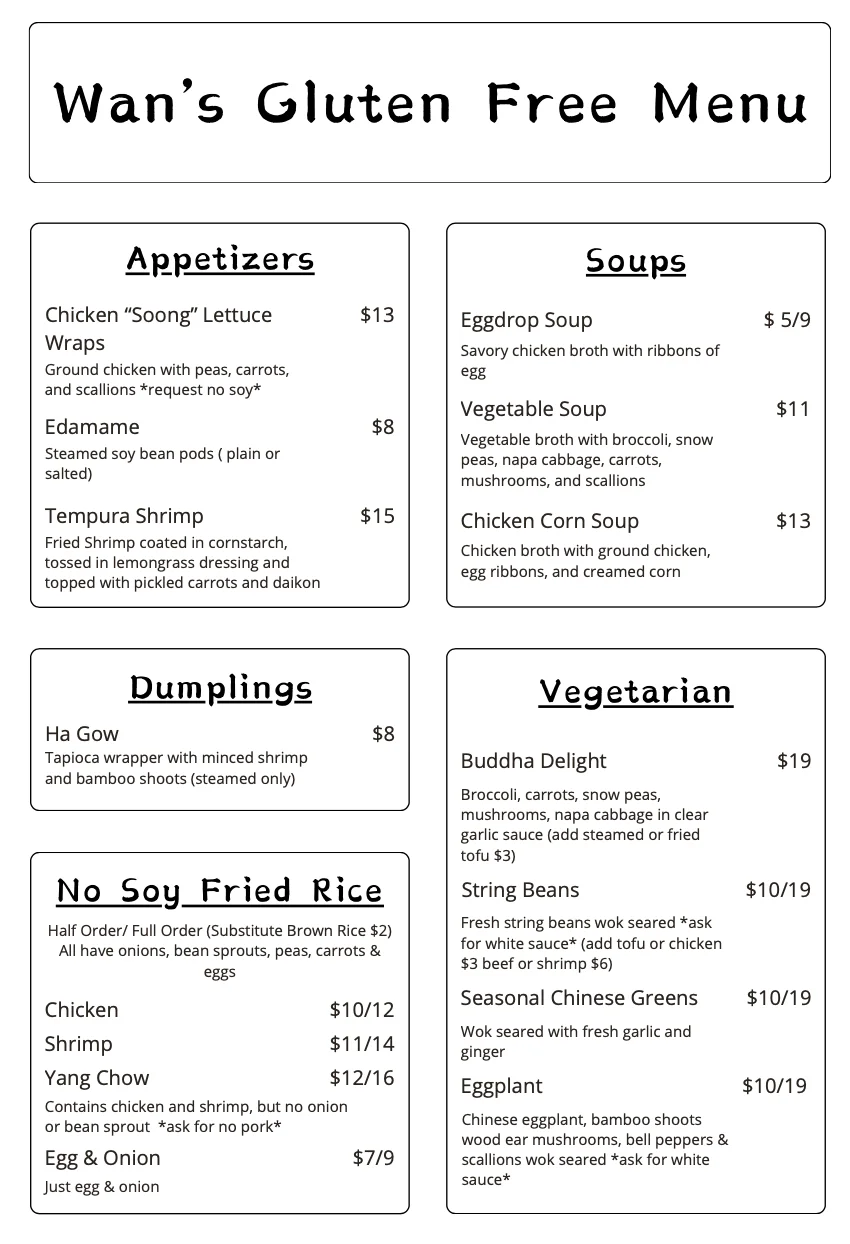 Wan's Gluten Free Menu featuring appetizers, soups, dumplings, fried rice, and vegetarian options.