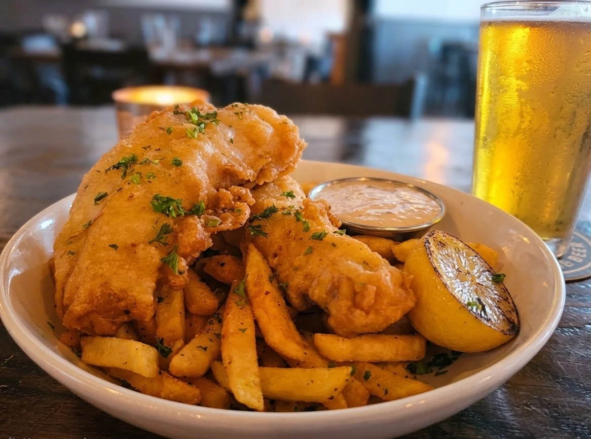 Classic fish and chips served with tartar sauce and a lemon wedge