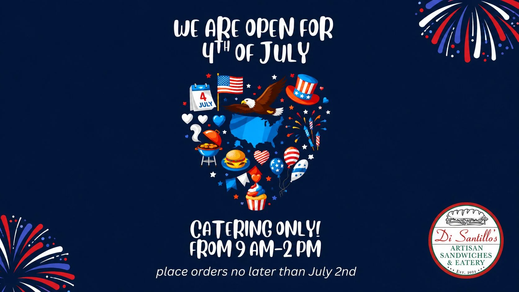 4th of July catering announcement with festive decorations