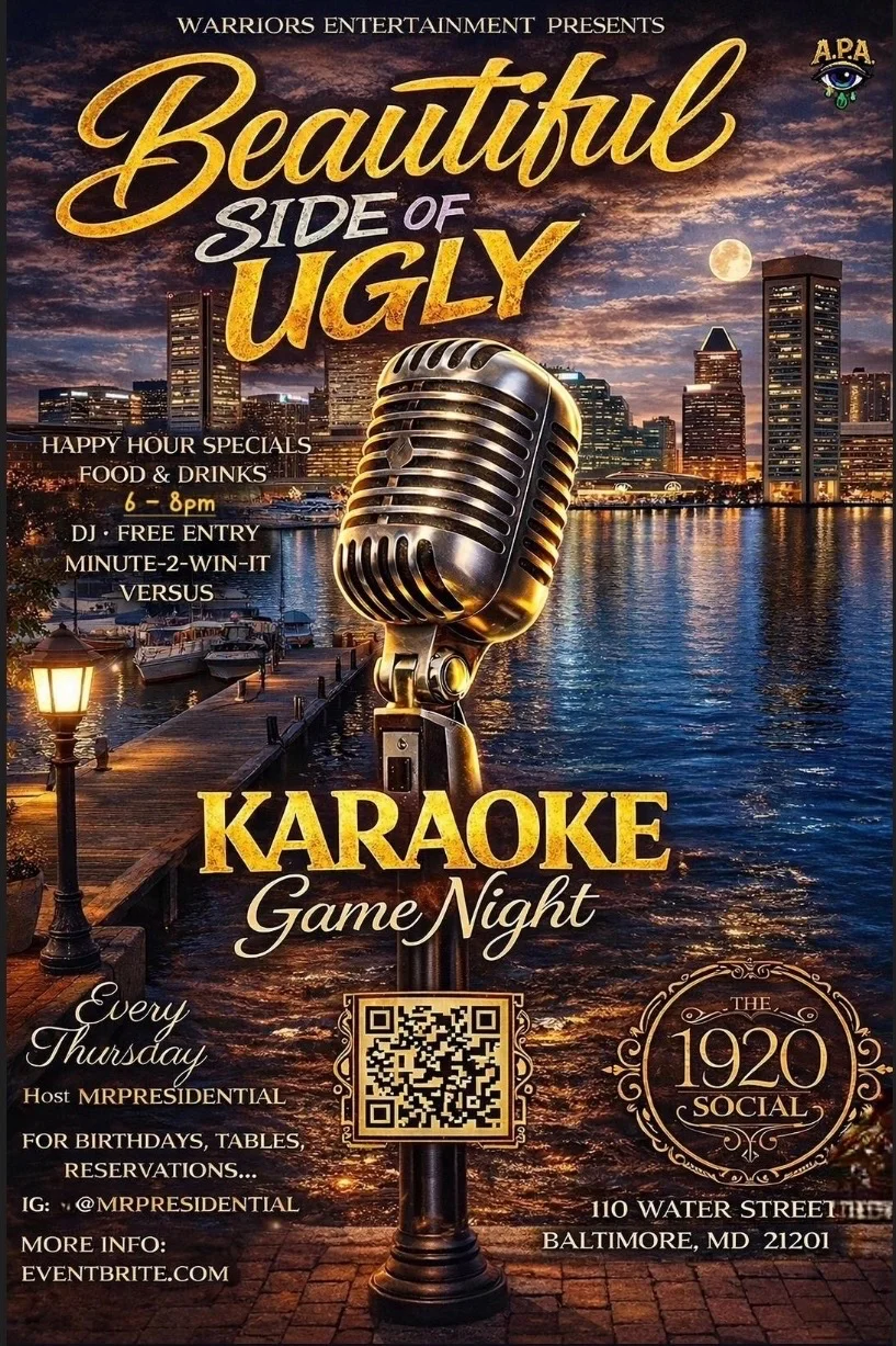 Promotional poster for karaoke game night at The 1920 Social in Baltimore