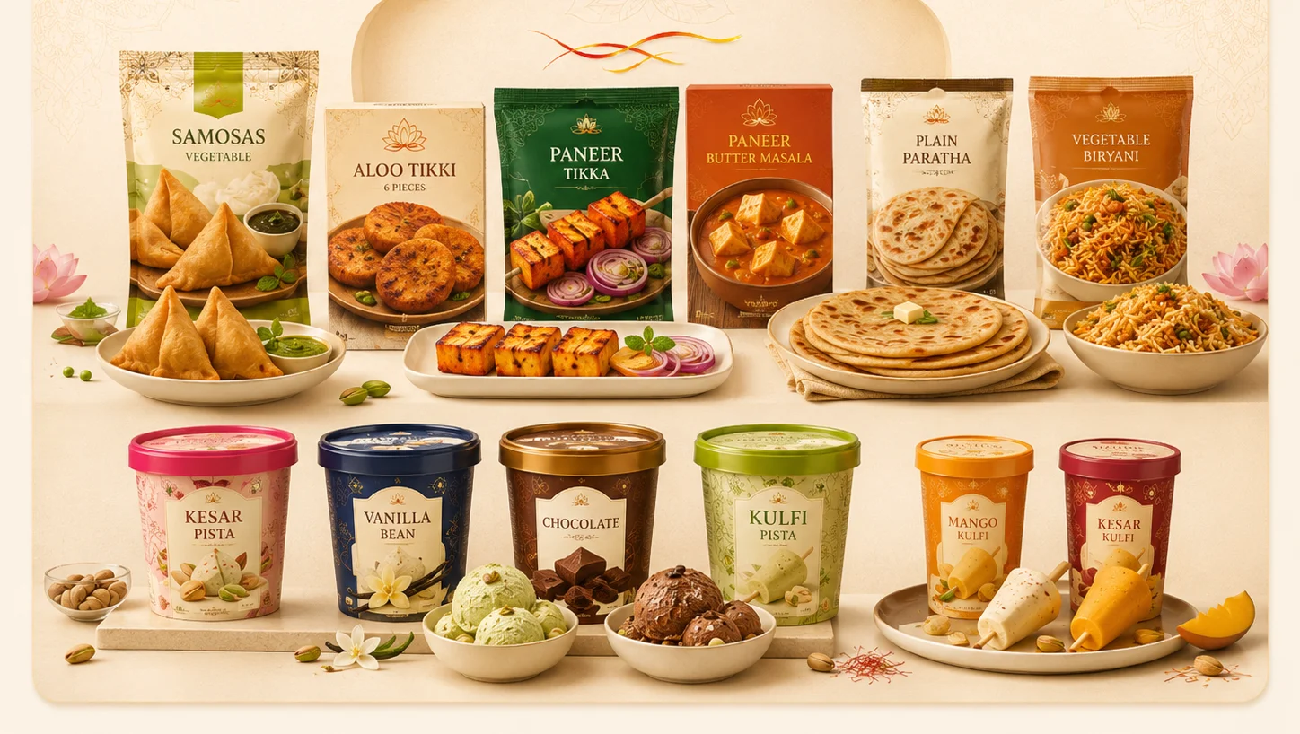 An assortment of Indian snacks and desserts including samosas, tikki, and kulfi.
