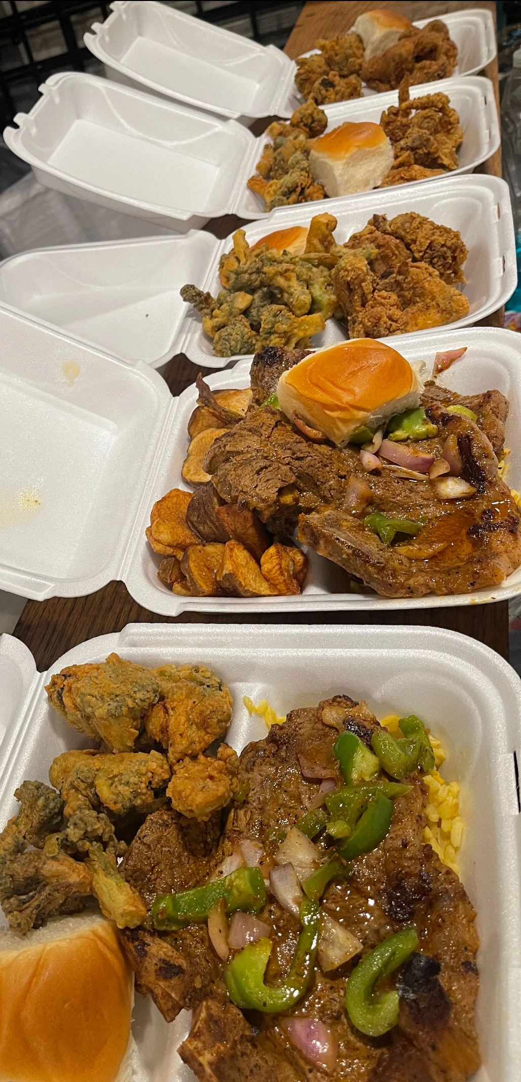 Southern fried chicken and sides in takeout containers