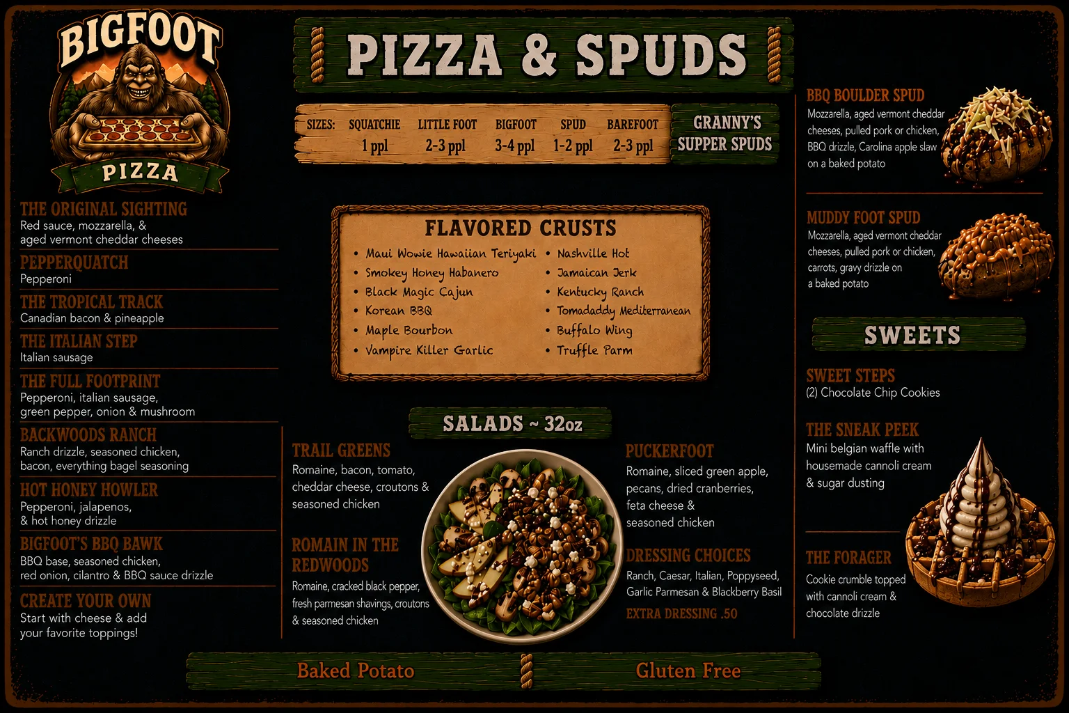 Variety of gourmet pizzas and salads from Bigfoot Pizza menu