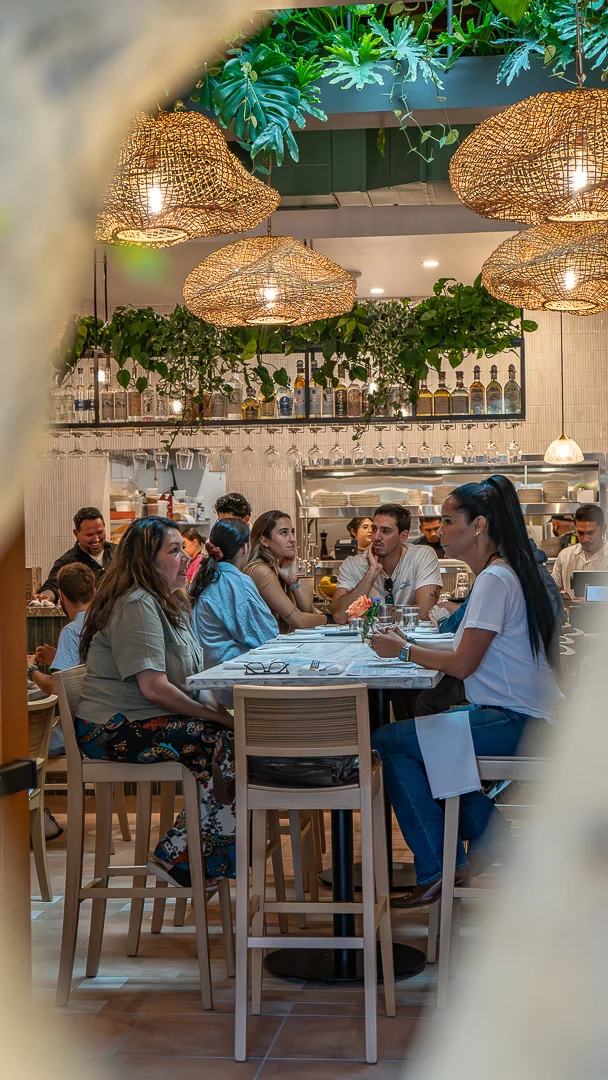 Cozy restaurant interior with hanging lights and greenery
