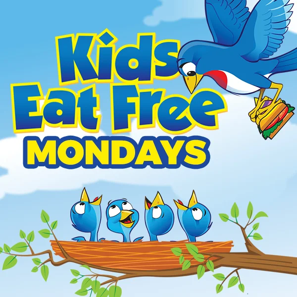 Kids Eat Free Mondays promotional graphic with cartoon birds