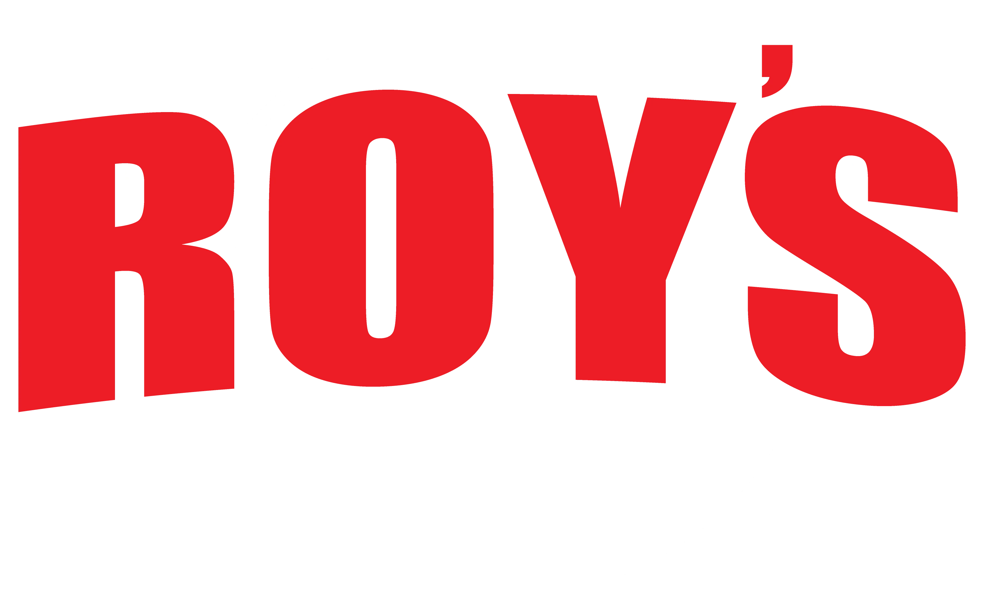 A logo featuring bold red letters that spell out 'ROY'S' with the word 'PIZZA' in black beneath it. The design is circular with a thick black outline.