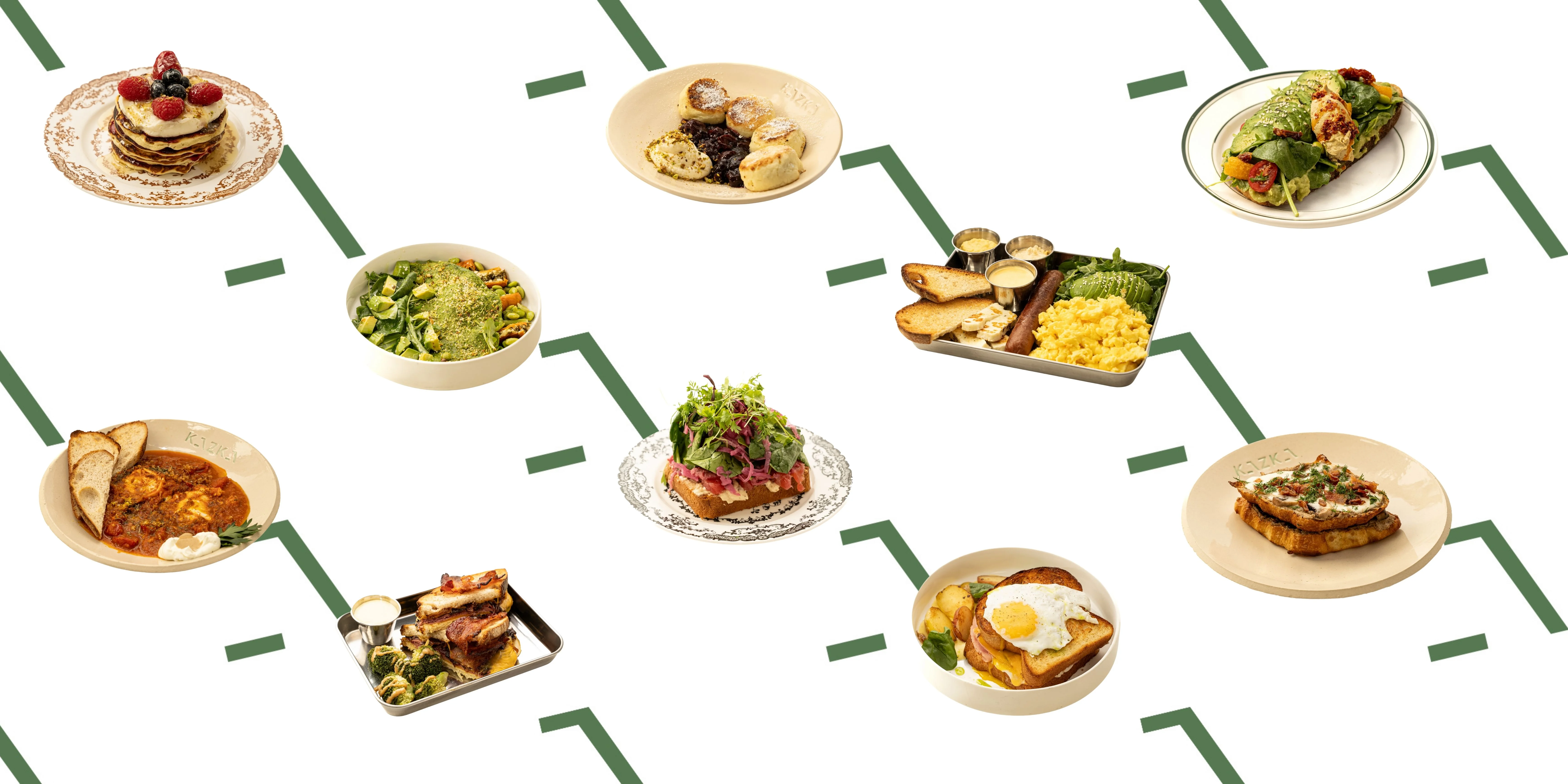 Assorted brunch dishes including pancakes and salads