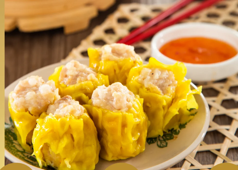 Delicious dim sum siu mai served with dipping sauce
