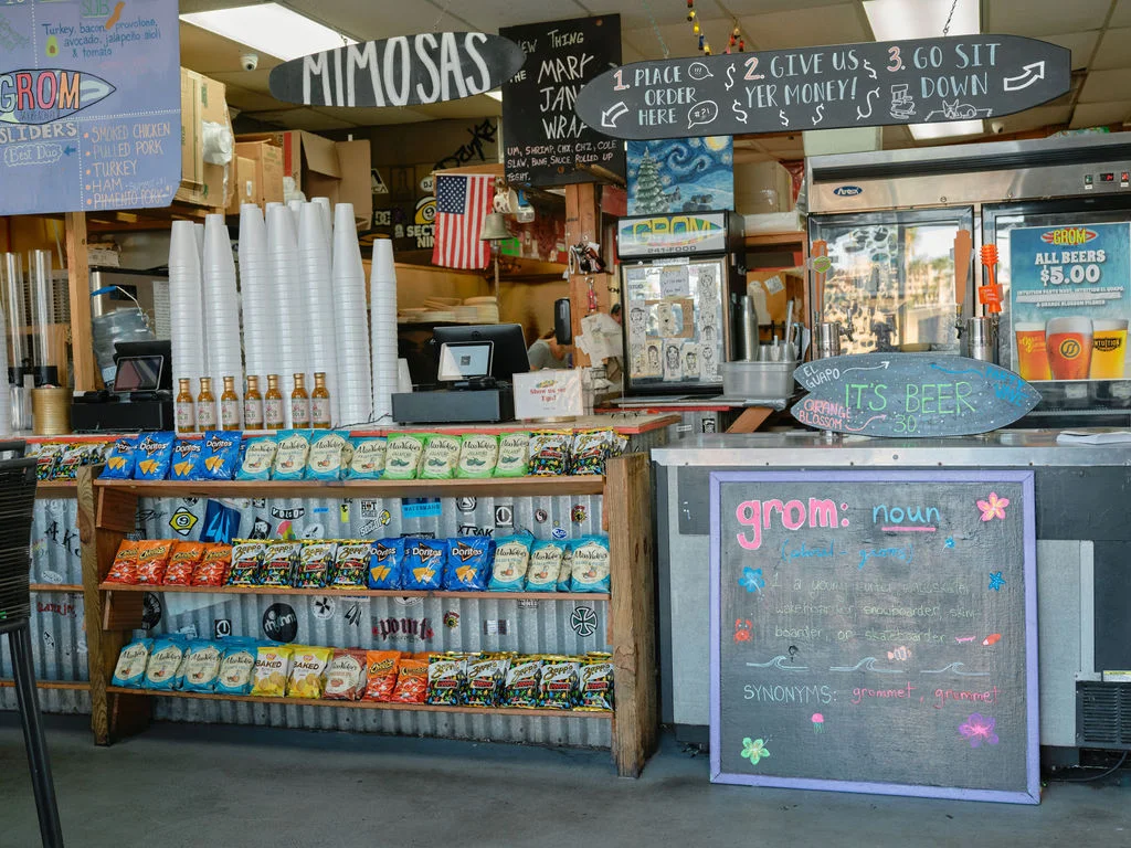 Casual restaurant counter with snacks and drinks