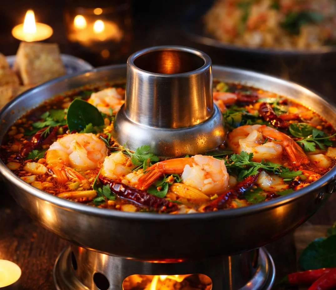 Spicy Thai tom yum soup with shrimp and herbs